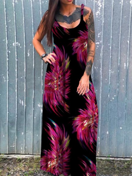 

Vintage Floral Printed Plus Size Sleeveless Casual Dresses, Black, Dresses