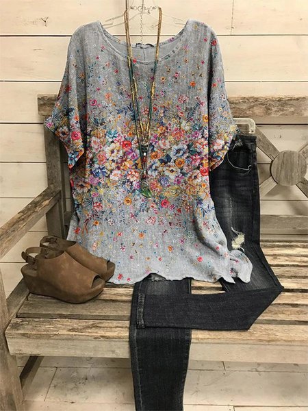 

Floral Graphic Short Sleeve Round Neck Casual Top, As picture, T-shirts
