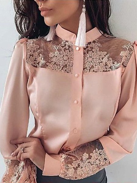 

Solid Stand Collar Lady Shirt, Pink, Tops