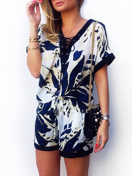 

Short Sleeve Holiday V Neck One-Pieces, Blue, Rompers