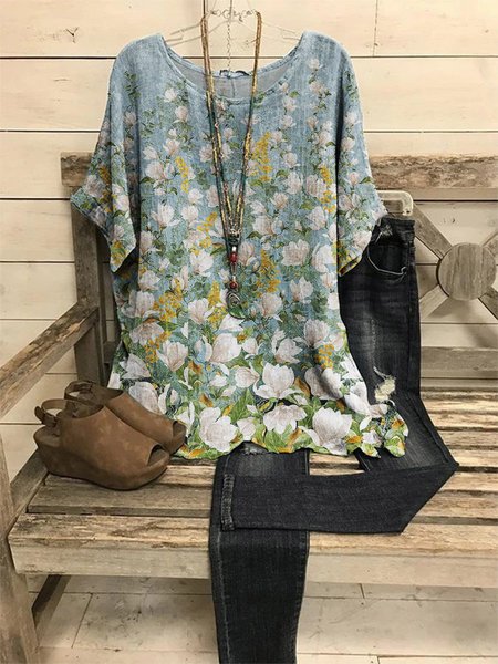 

Magnolia Graphic Short Sleeve Round Neck Casual Top, As picture, T-shirts