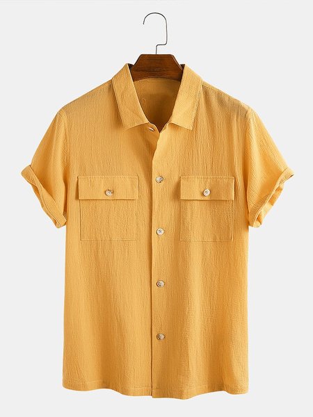 

Mens Linen Double Pockets Short Sleeve Designer Shirts, Yellow, Shirts ＆ Blouse