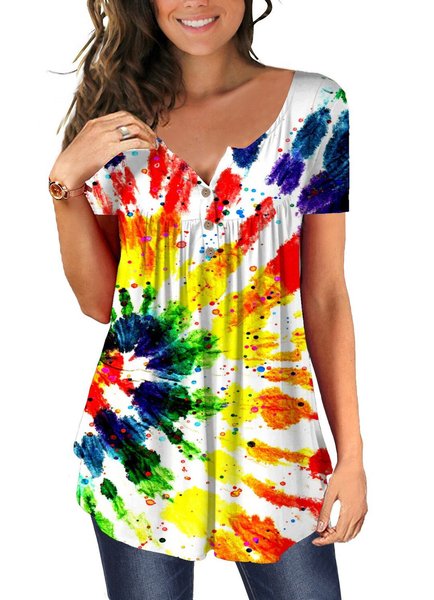 

Short Sleeve V Neck Ombre/tie-Dye Tops, As picture, T-Shirts
