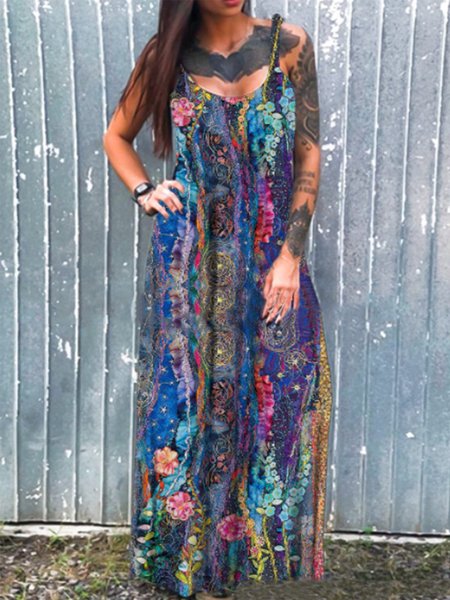 

Vintage Floral Printed Plus Size Sleeveless Casual Dresses, Multicolor, Dresses