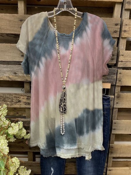 

Ombre/tie-Dye Short Sleeve Vintage Printed T-shirt, Multicolor, Tops