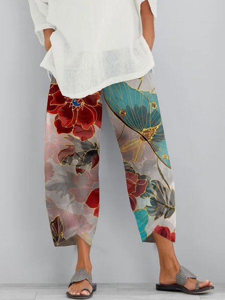 

Floreale Dritto Stampato Poliestere Vintage Estate Rosso Pantaloni, Pants
