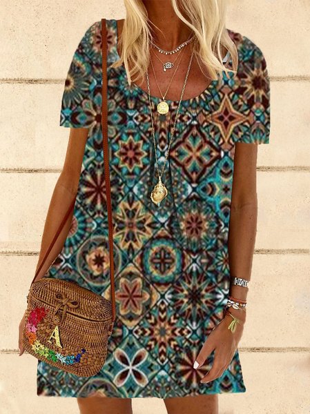 

Vintage Bohemian Vacanza Casuale Maniche Corte Abito, Blu, Dresses