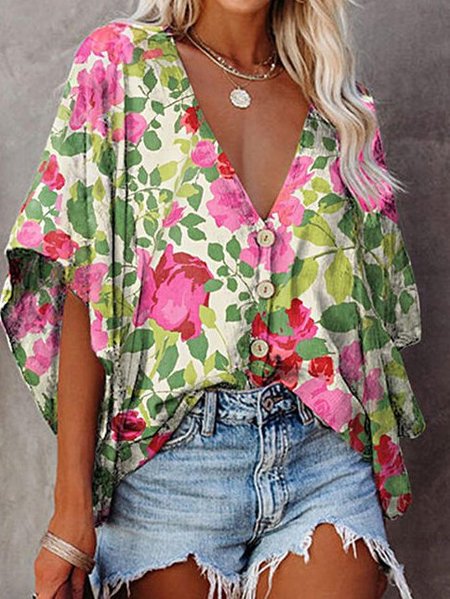 

Shift V Neck Cotton-Blend Batwing T-shirt, As picture, Blouses & Shirts