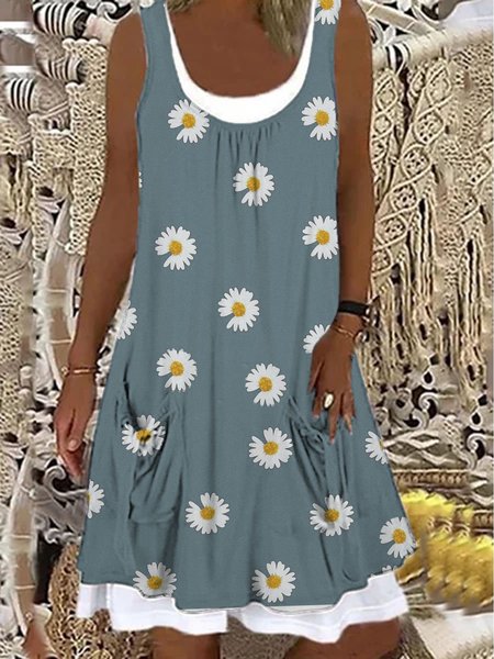

Women Floral Round Neck Sleeveless Vintage Dresses(Contains lining), Blue, Dresses