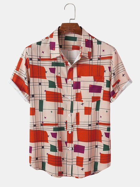 

Mens Geo & Line Print Chest Pocket Holiday Short Sleeve Shirts, Red, Men's Floral shirt