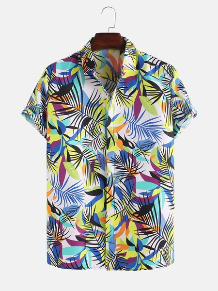 

Mens Hawaii Style Leaf Printed Casual Breathable Short Sleeve Shirts, Blue, Men's Floral shirt