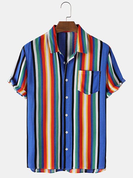 

Mens Multi-Color Striped Print Casual Light Thin Short Sleeve Shirts, Blue, Short Sleeves Shirts