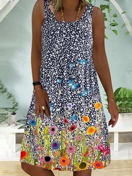 

Vintage Bohemian Vacanza Floreale senza maniche Casuale Vacanza Abito, Blu, Summer dresses
