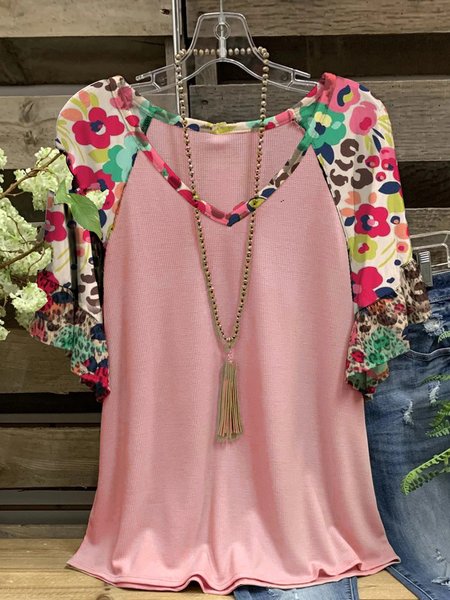 

Short Sleeve Leopard Leopard-Print V Neck Tops, Deep pink, Auto-Clearance