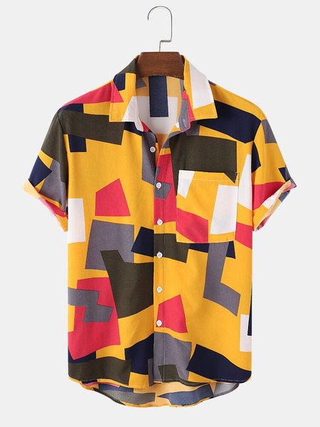 

Men's Shirt Collar Abstract Printed Shirts & Tops, Yellow, Short Sleeves Shirts