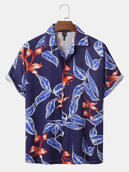 

Mens Tropical Plant Leaf Print Holiday Short Sleeve Shirts, Dark blue, Short Sleeves Shirts