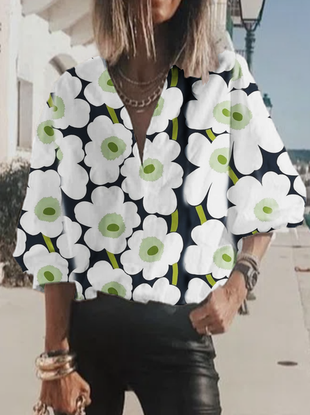 

Mezza Manica Scollo a V Floreale Cotone Camicie & Top, Verde, T-Shirts