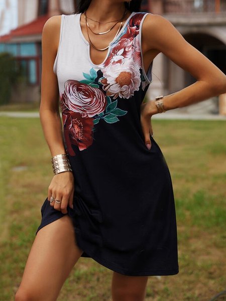

Vintage Stampato senza maniche Abito, Nero, Dresses