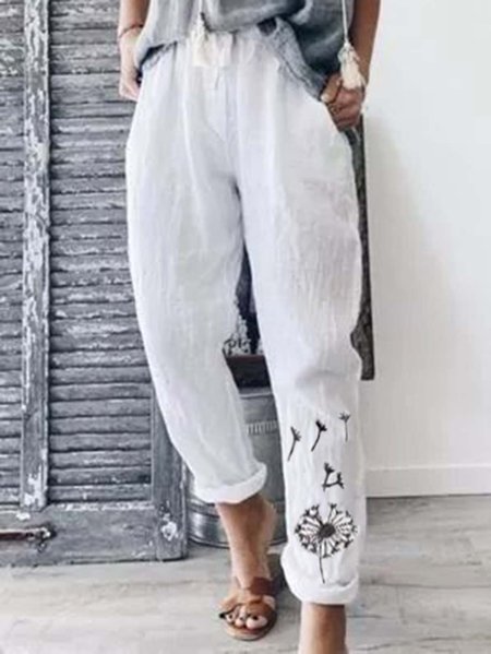 

Floral Cotton Casual Pants, White, Pants