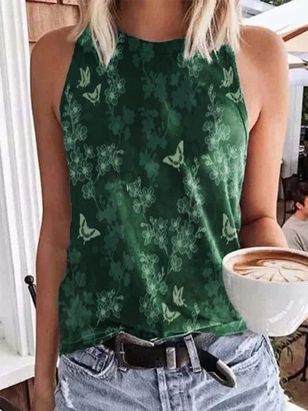 

Crew Neck Vintage Cotton Printed Shirts & Tops, Green, Tank Top