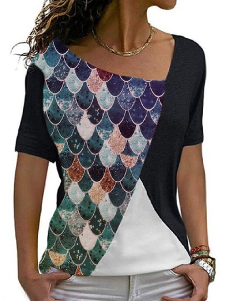 

Geometric Casual Square Neck T-shirt, Multicolor, T-Shirts