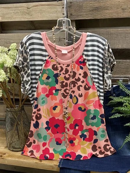 

Cotton-Blend Floral-Print Casual Short Sleeve Shirts & Tops, Multicolor, Auto-Clearance