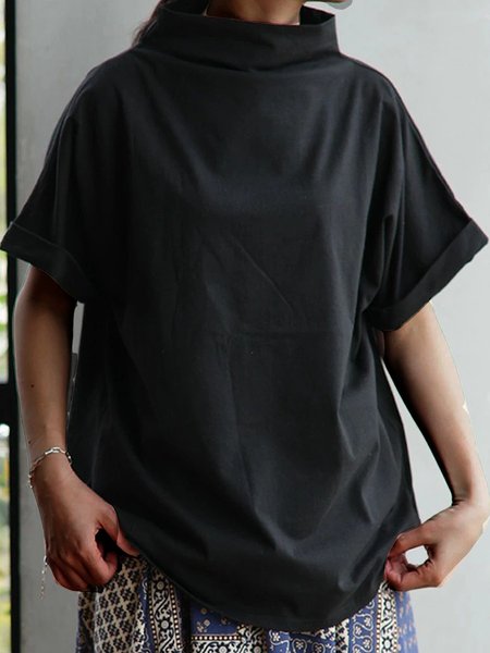 

Maniche Corte dolcevita Dritto Misto Cotone Top, Nero, Blouses & Shirts