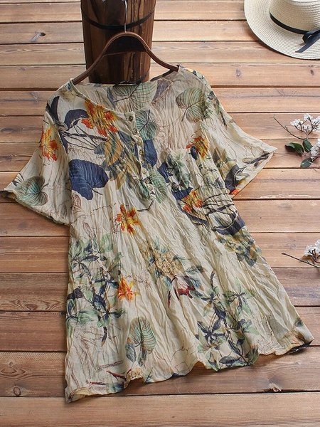 

Cotton-Blend Short Sleeve Floral Vintage T-shirt, As picture, Tees & T-shirts