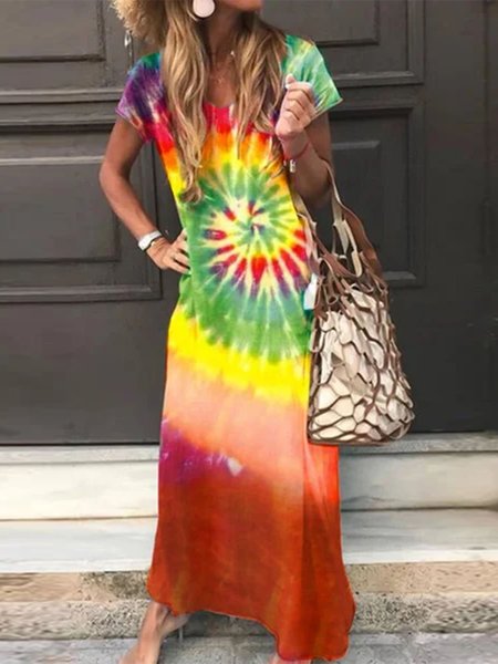 

Short Sleeve Casual Ombre/tie-Dye Knitting Dress, As picture, Boho dresses
