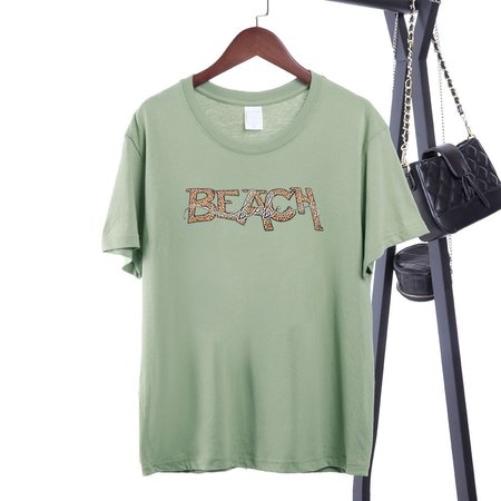 

White Letter Short Sleeve Crew Neck Cotton Shirts & Tops, Lightgreen, T-shirts