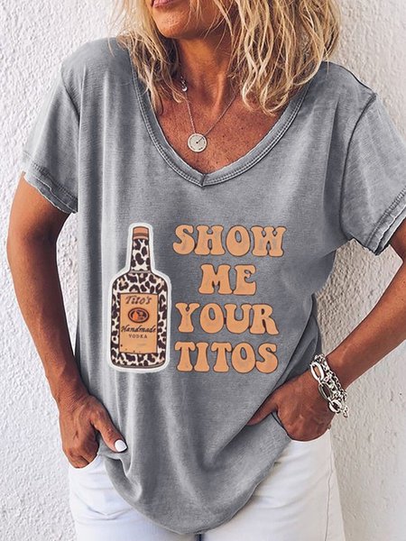 

Show Me Your Titos V Neck Short Sleeve Women Tee, Gray, T-shirts