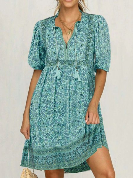 

Casual V Neck Shift Floral Women Dress, Green, Mini Dresses