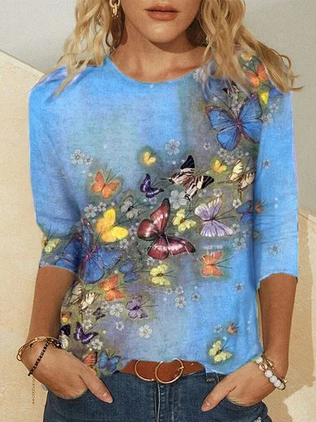 Casual Butterfly Print Cotton-Blend Crew Neck T-shirt, Blue, Tees & T-shirts