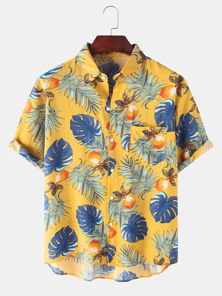 

Mens Tropical Plant & Leaf Printed Light Casual Short Sleeve Shirts, Yellow, Short Sleeves Shirts