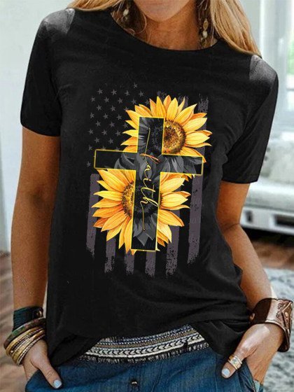 

Crew Neck Floral Casual T-shirt, Black, T-Shirts