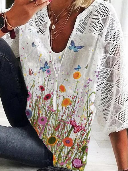 

3/4 Manica Dritto Animale Scollo a V Camicie & Top, Bianco, Blouses & Shirts