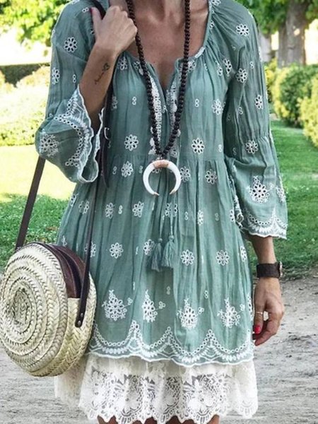 

3/4 Sleeve Lace Casual Weaving Dress, Green, Floral Dresses