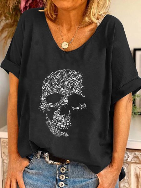 

Casual Short Sleeve Skull T-shirt, Black, Tops