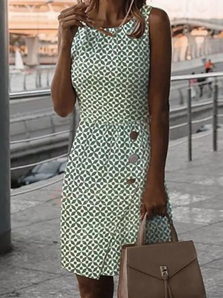 Geometrico senza maniche Dritto Lavoro Mini Abito, Verde, Mini Dresses
