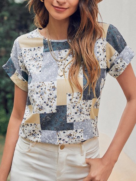 

Floral Casual Short Sleeve T-shirt, Blue, T-Shirts
