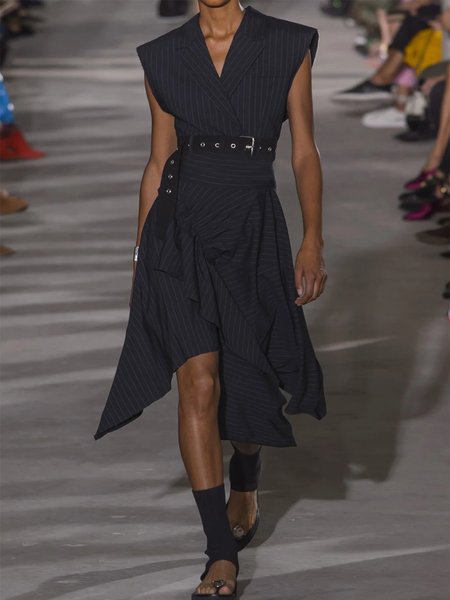 

Vintage senza maniche Statement a Righe Scollo a V taglia grande Gonna Casuale, Nero, Dresses
