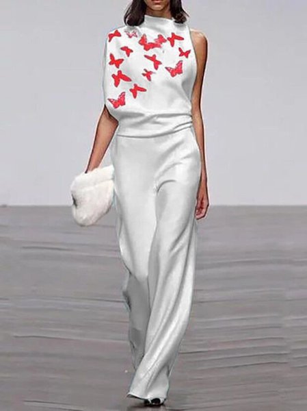 senza maniche Stampato Farfalla dolcevita tuta, Bianco, Jumpsuits