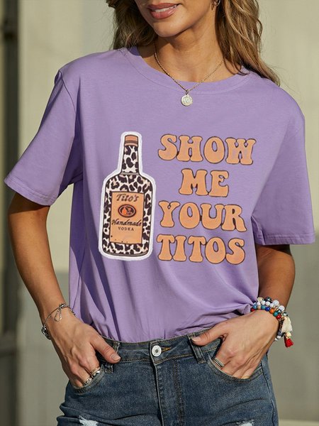

Show Me Your Titos Shift Casual Cotton-Blend Women Tee, Purple, T-shirts