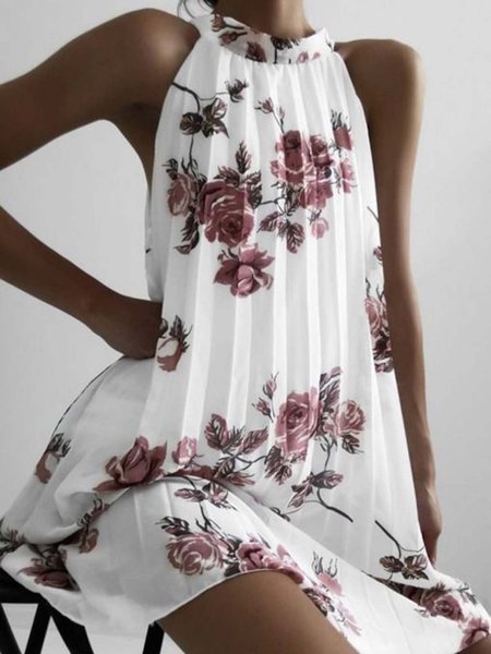 

Floreale senza maniche Stampato Poliestere Scollato Spalla Nuda Sexy Estate Bianco Abito, Dresses