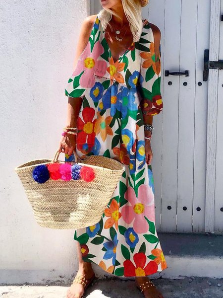 Vacanza Mezza Manica Scollo a V Dritto Abito, Bianco, Dresses