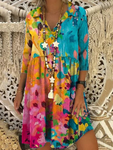 

Floral Ombre/Tie-Dye Shirt Collar 3/4 Sleeve Floral Weaving Dress, Multicolor, Tie dye dress