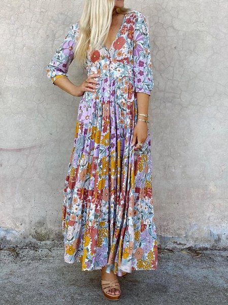 

Vintage Vacanza hippie Floreale Bohemian Scollo a V Gonna Casuale, Viola, Maxi Dresses