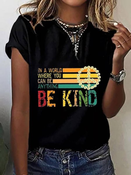 

Casuale Stampato Maniche Corte Top, Nero, T-Shirts