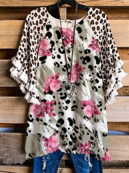 

Vintage Short Sleeve Crew Neck Printed Shirts & Tops, Pink, Blouses & Shirts