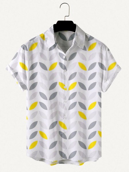 

Casual Yellow and Grey Leaves Printed Hawaiian Shirts, Gray, Men's Floral shirt